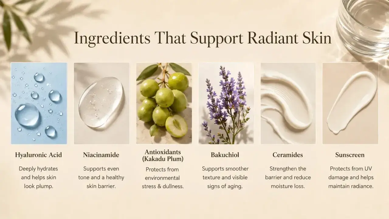Ingredienti per una pelle radiosa: acido ialuronico, niacinamide, antiossidanti (prugna Kakadu) per il loro significato protettivo, bakuchiol, ceramidi e protezione solare.