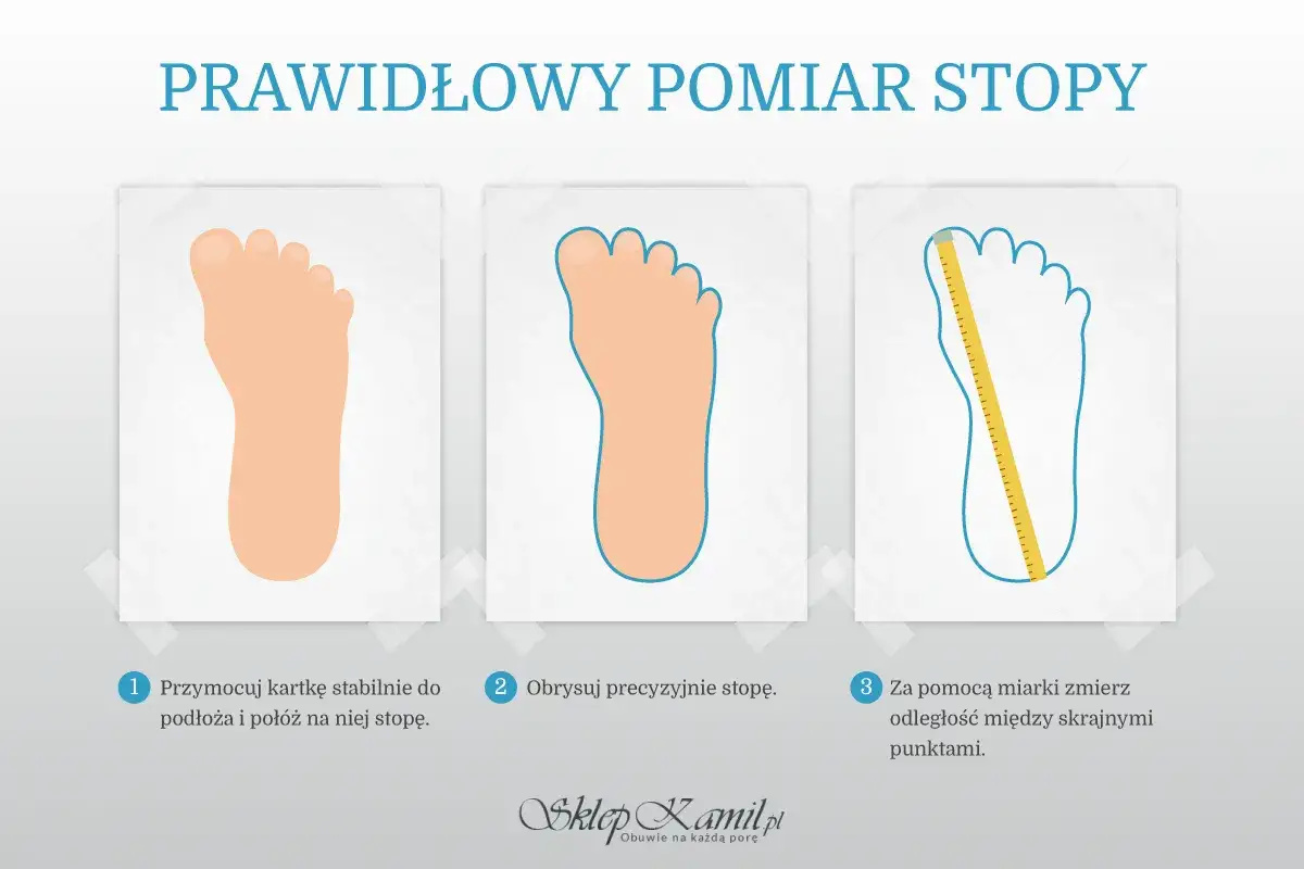 Jak dobrać rozmiar EU? Instrukcja mierzenia stopy: postaw stopę na kartce, obrysuj, zmierz długość.
