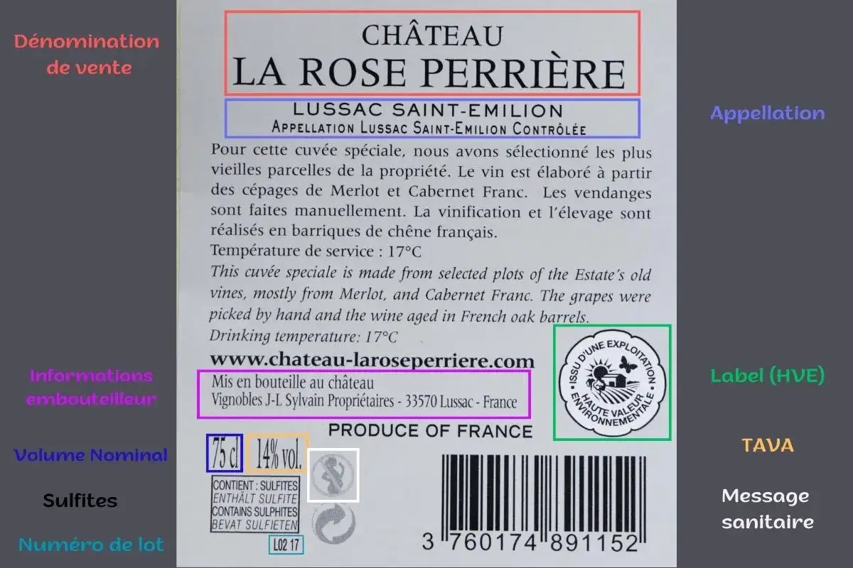 Étiquette de vin : Château La Rose Perrière, Lussac Saint-Émilion. Indique un degré d'alcool de 14% vol. et le volume de 75 cl.