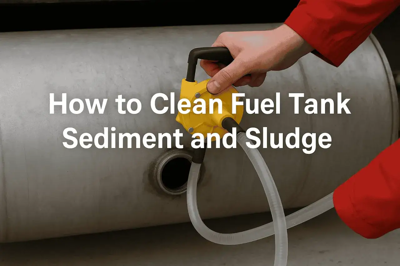 A hand in a red sleeve uses a yellow pump to begin fuel tank cleaning, removing sediment and sludge.