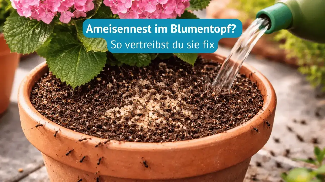 Ameisen im Blumentopf! Wasser wird auf die Erde gegossen, wo viele Ameisen und ihre Brut zu sehen sind.