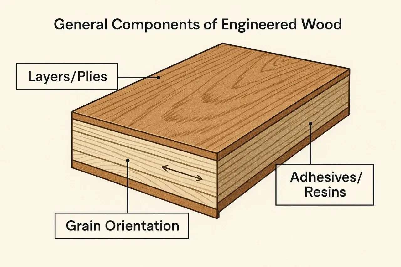 Illustration showing the layers, grain orientation, and adhesives/resins that make up man-made wood.