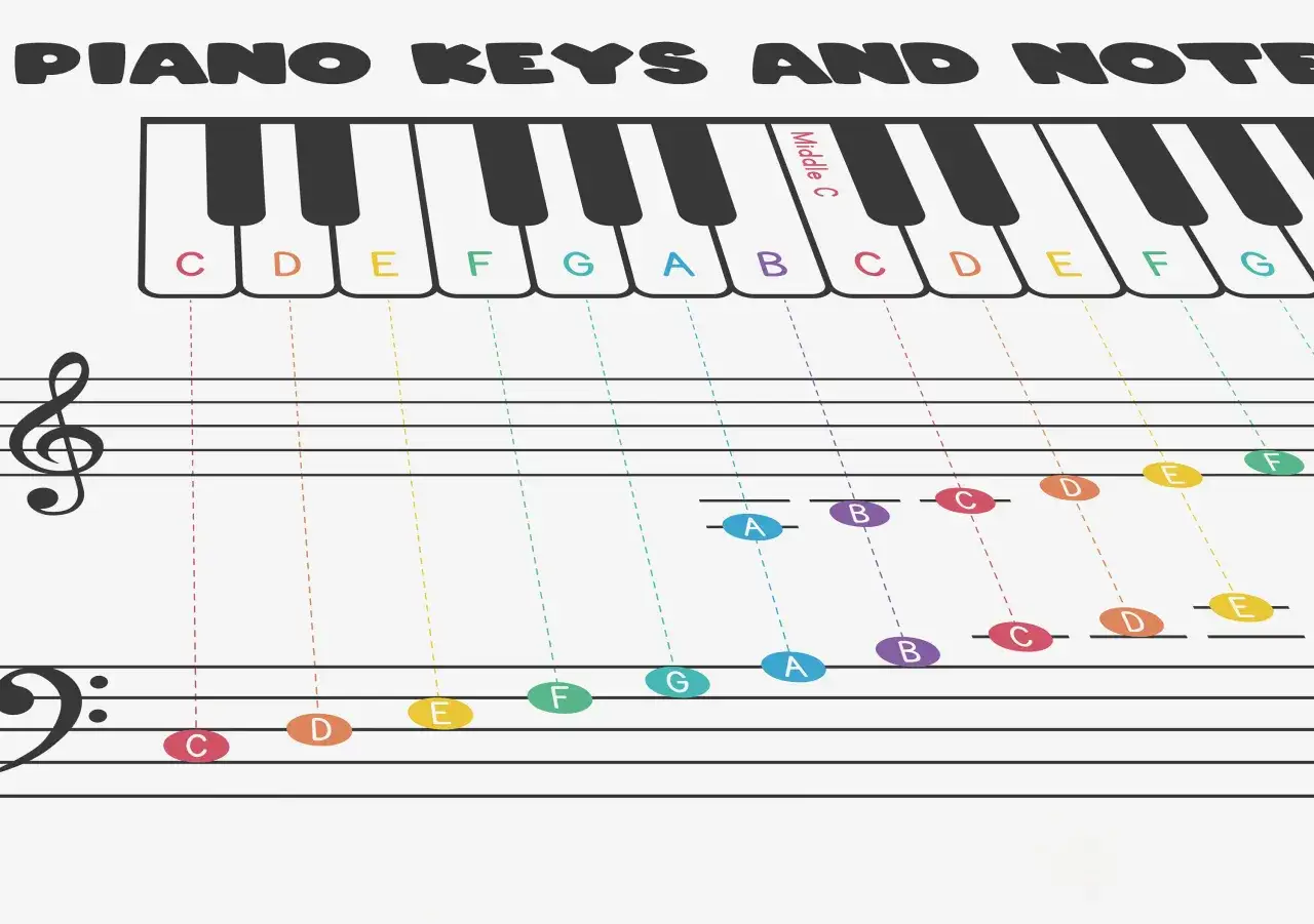 Ilustracja pokazuje klawisze keyboardu z literami i nuty na pięciolinii, pomagając zrozumieć, jak czytać nuty na keyboard.
