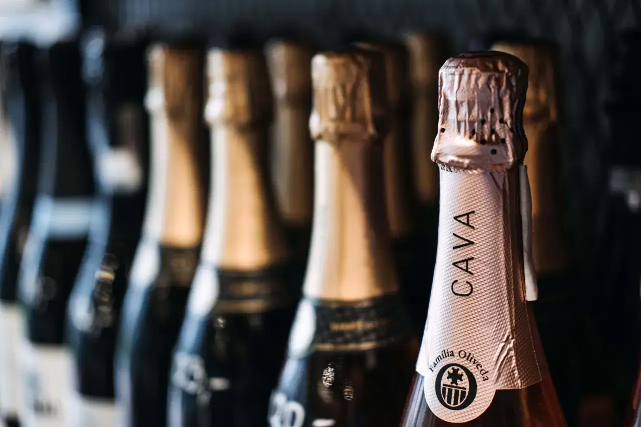 Rząd butelek wina musującego Cava. Na pierwszym planie butelka z etykietą 