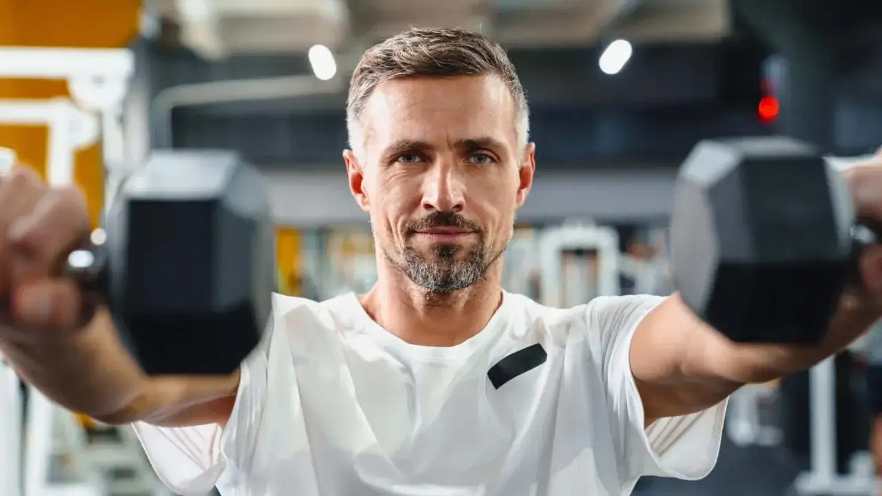 Mann &uuml;ber 50 mit Hanteln im Fitnessstudio, zeigt, dass Muskelaufbau ab 50 m&ouml;glich ist.
