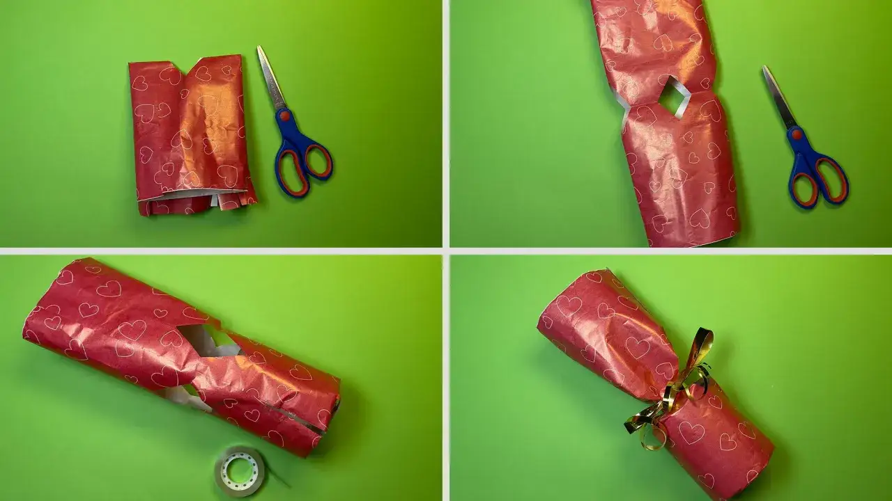 Schritt-f&uuml;r-Schritt-Anleitung, wie man eine Kerze als Geschenk verpackt. Rotes Herz-Geschenkpapier wird zugeschnitten, gefaltet und mit Klebeband fixiert.
