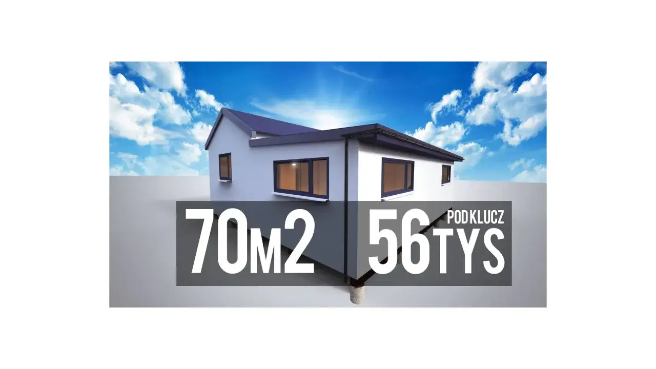 Koszt budowy domu 70m2 pod klucz: 56 tys. zł. Nowoczesny, biały budynek z ciemnym dachem i oknami, na tle błękitnego nieba z chmurami.
