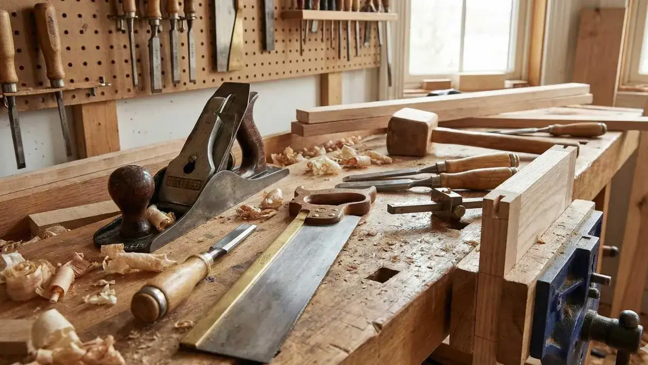 Un établi de menuisier avec un rabot, des ciseaux, une scie et des copeaux de bois. Un bel outil pour travailler le bois à la main.