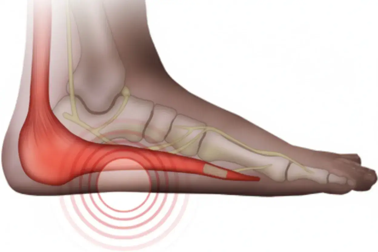 Illustrazione anatomica del piede che evidenzia il dolore alla pianta del piede, con aree rosse che indicano infiammazione e sofferenza.