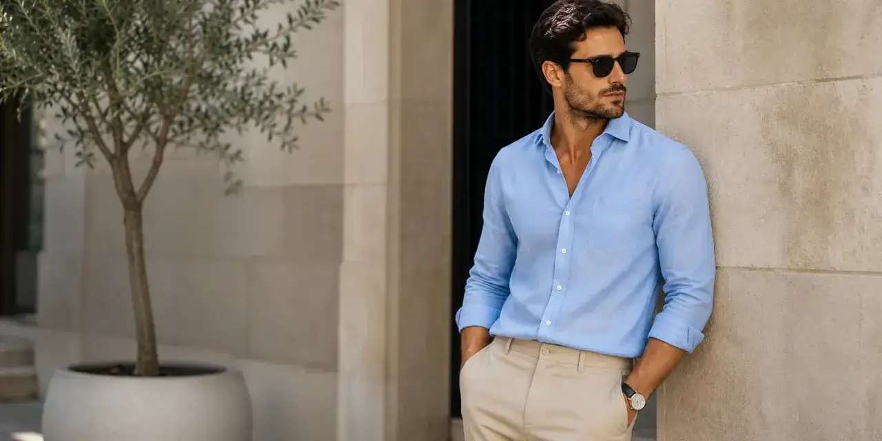 Hombre con camisa azul y pantal&oacute;n beige, apoyado en una pared de piedra, con gafas de sol y un &aacute;rbol al lado.