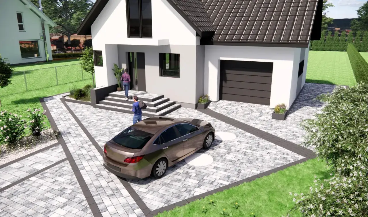 Nowoczesne gotowe projekty kostki brukowej tworzą elegancki podjazd i ścieżki wokół domu z garażem.