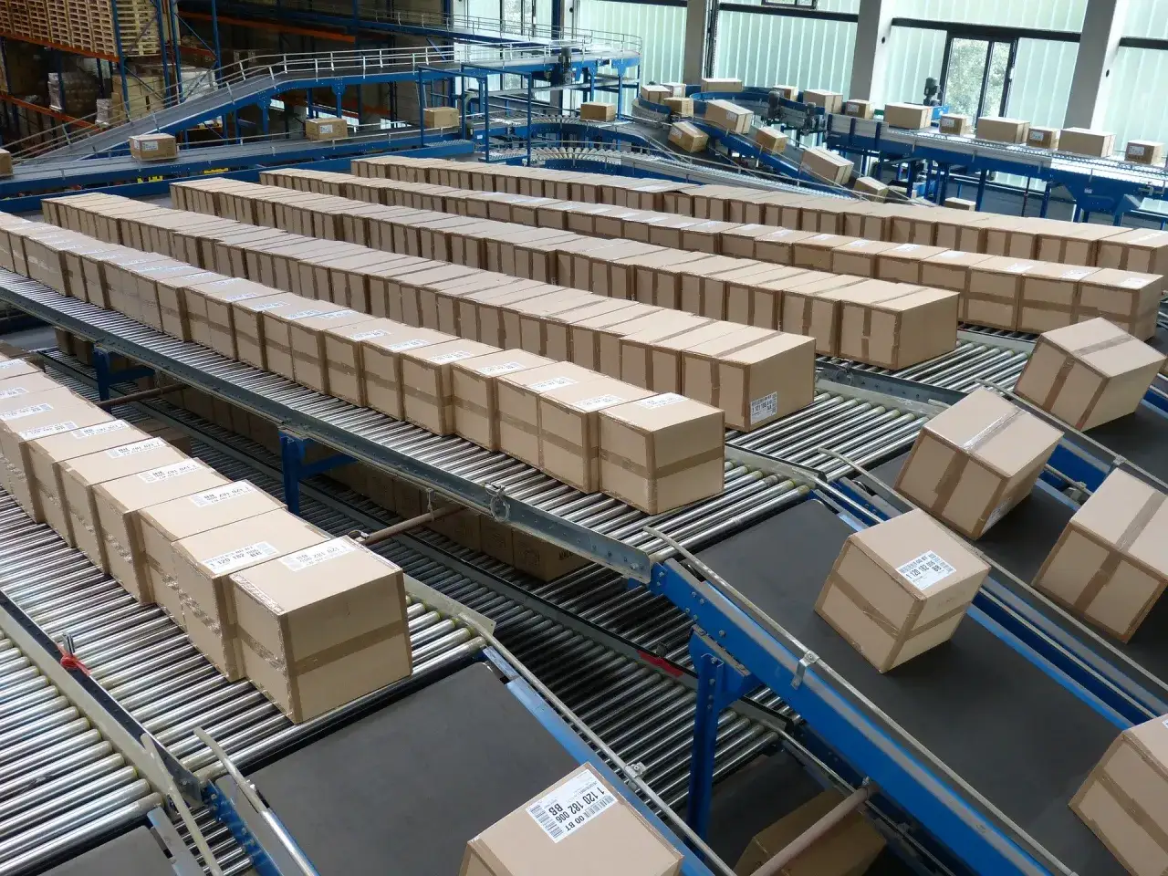 W magazynie trwa **kompletowanie zam&oacute;wień**. Kartony z towarami płyną taśmociągami, czekając na dalszą drogę.