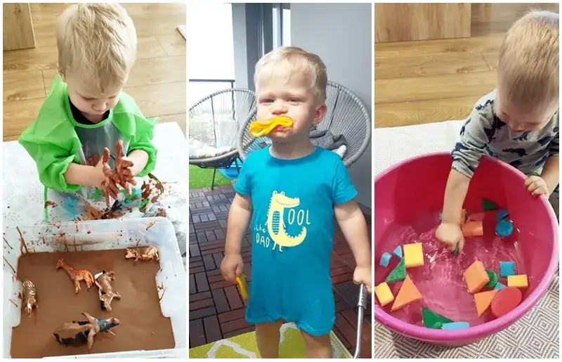 Dziecko wykonujące proste zabawy sensoryczne w domu