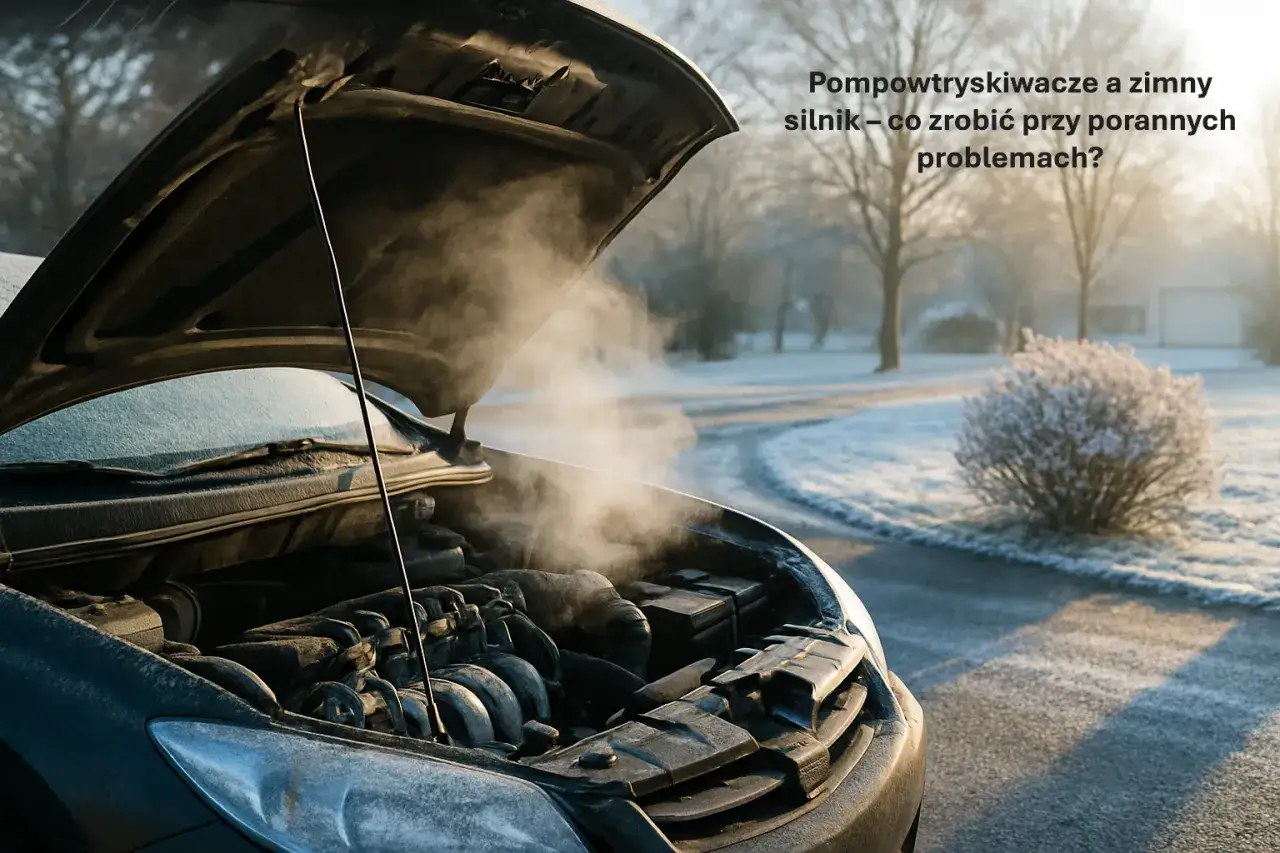 Para z otwartej maski samochodu, gdy szarpie na zimnym silniku diesel. Mroźny poranek i problemy z odpaleniem.