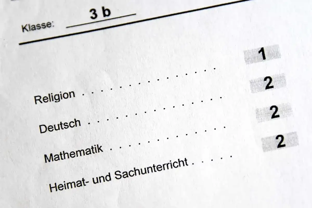 Schulnoten in Deutschland: Zeugnis der Klasse 3b mit Noten für Religion (1), Deutsch (2), Mathematik (2) und Heimat- und Sachunterricht (2).