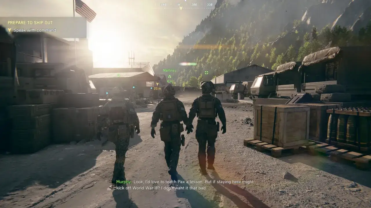 Żołnierze idą przez bazę wojskową w kampanii Battlefield 6. Słońce przebija się przez chmury, oświetlając teren.
