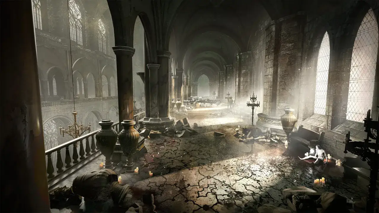 Mroczne korytarze Anor Londo, zniszczone i opuszczone, z rozrzuconymi szczątkami i blaskiem świec.