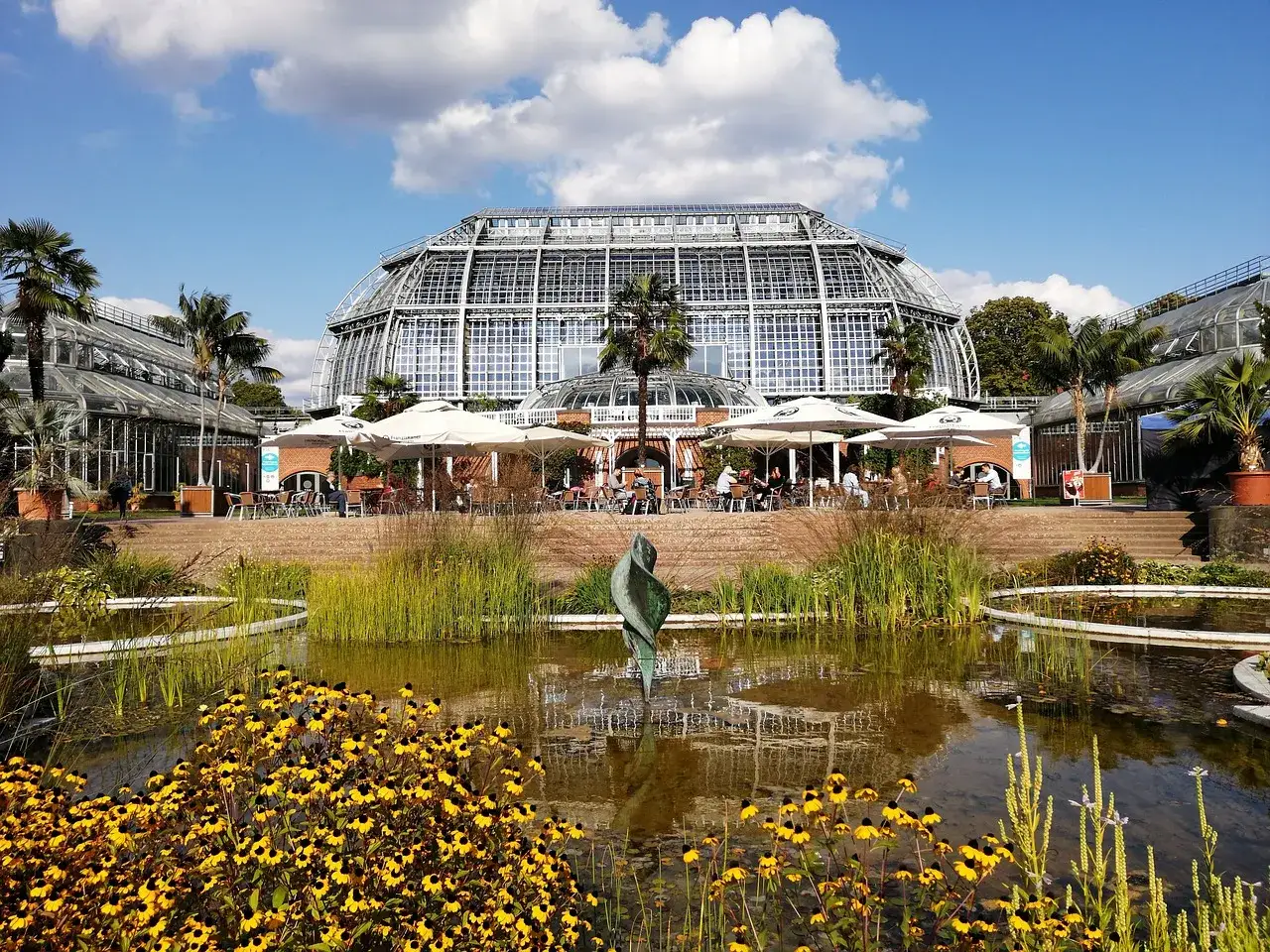 Botanischer Garten Berlin Steglitz mit Gew&auml;chsh&auml;usern, Teich und gelben Blumen.