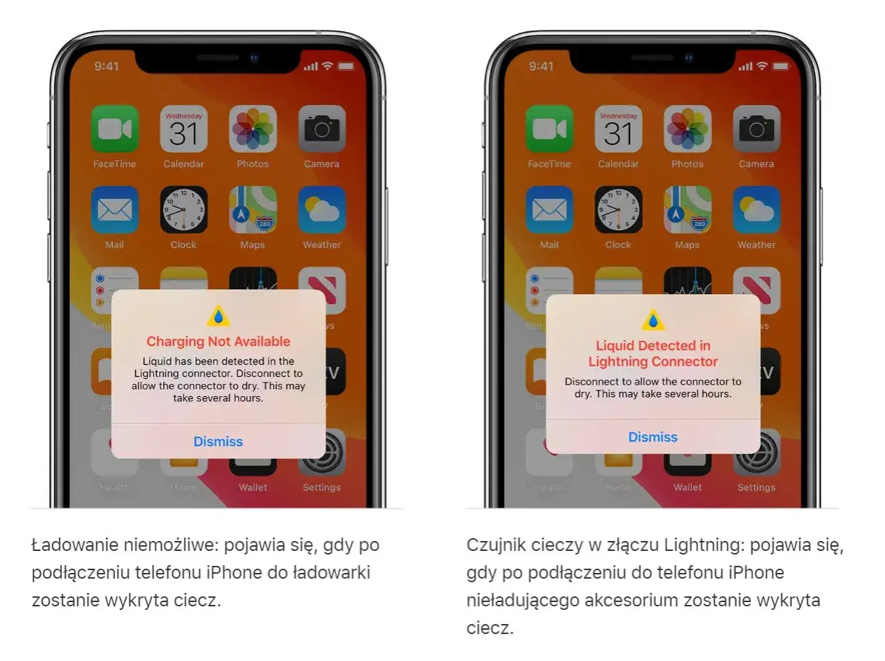Dwa iPhone'y z powiadomieniem o wykryciu cieczy w złączu Lightning. iPhone po lewej informuje o niemożliwości ładowania, po prawej o wykryciu cieczy.