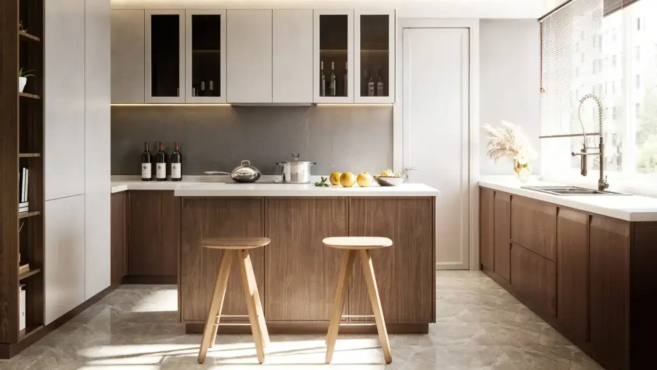 Cocinas peque&ntilde;as con barra de madera, dos taburetes de madera y encimera blanca. Botellas de vino y frutas decoran la barra.
