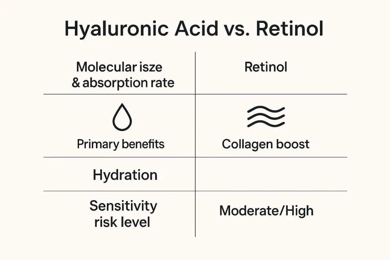 Tableau comparatif : acide hyaluronique vs. retinol. L'acide hyaluronique hydrate, le retinol boost le collagène.