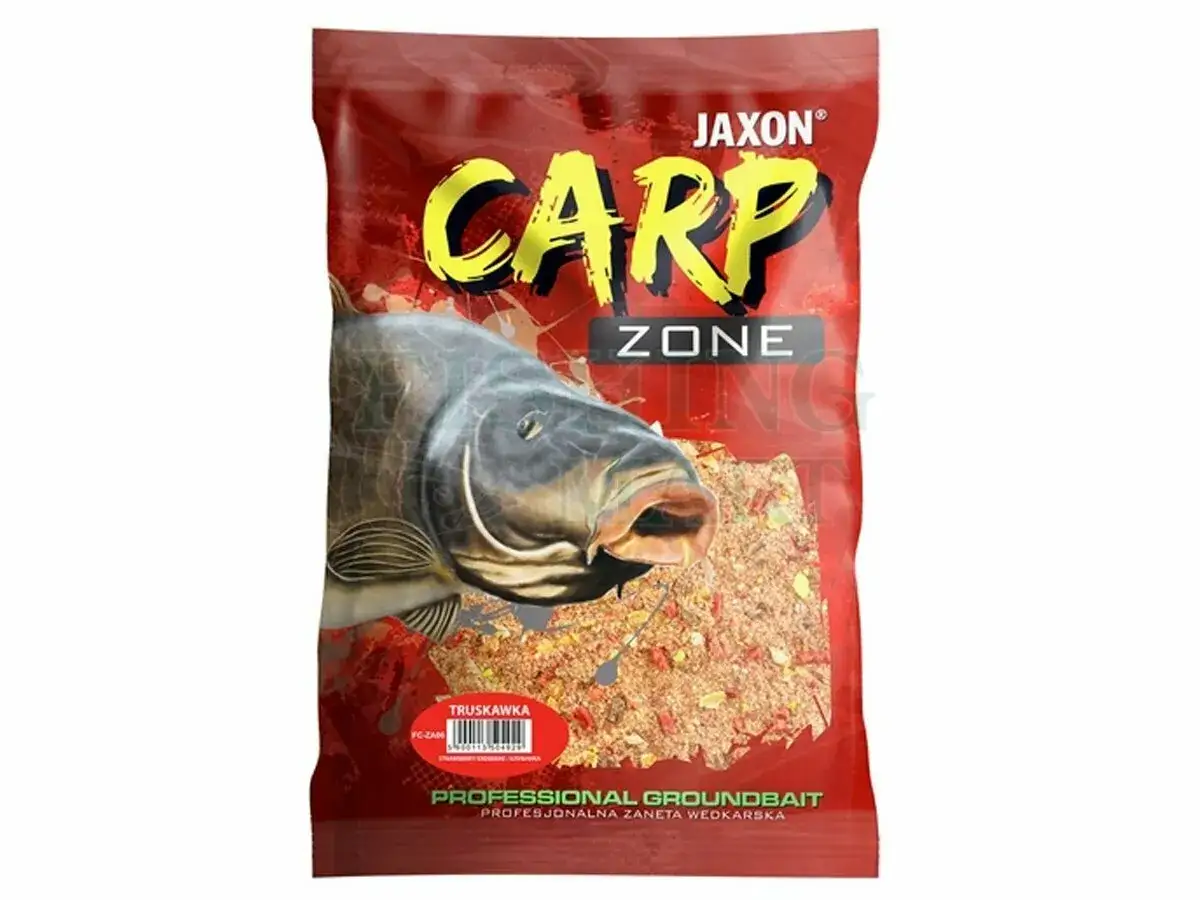Opakowanie zanęty Jaxon Carp Zone o smaku truskawkowym, profesjonalne przynęty na ryby.