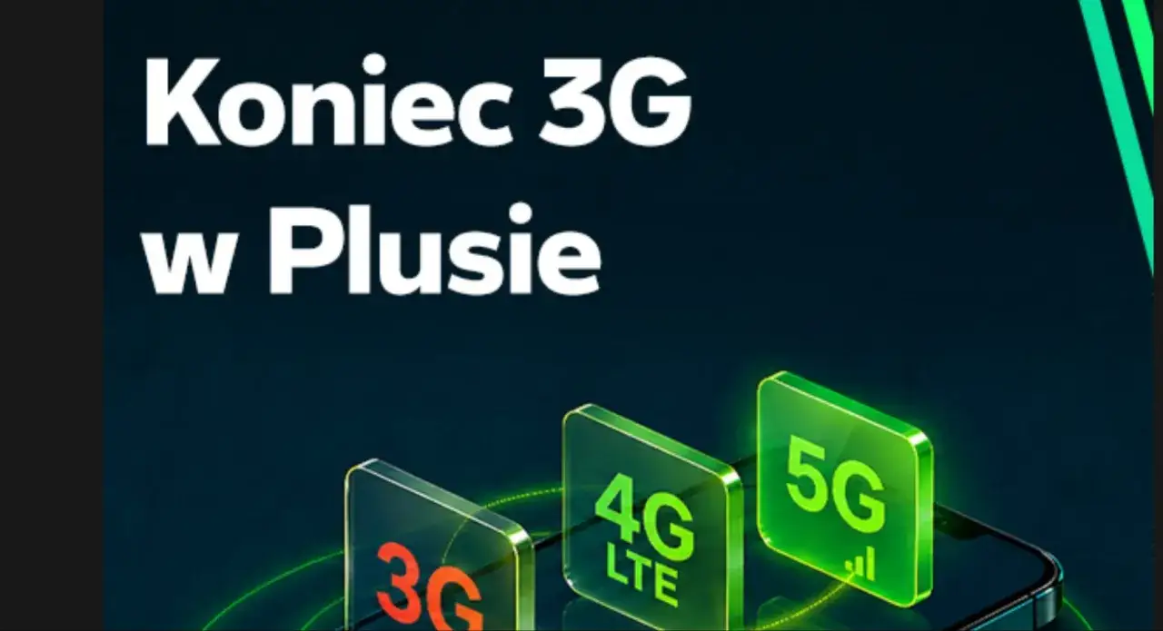 Koniec 3G w Plusie. Widoczne ikony 4G LTE i 5G, symbolizujące ewolucję sieci.