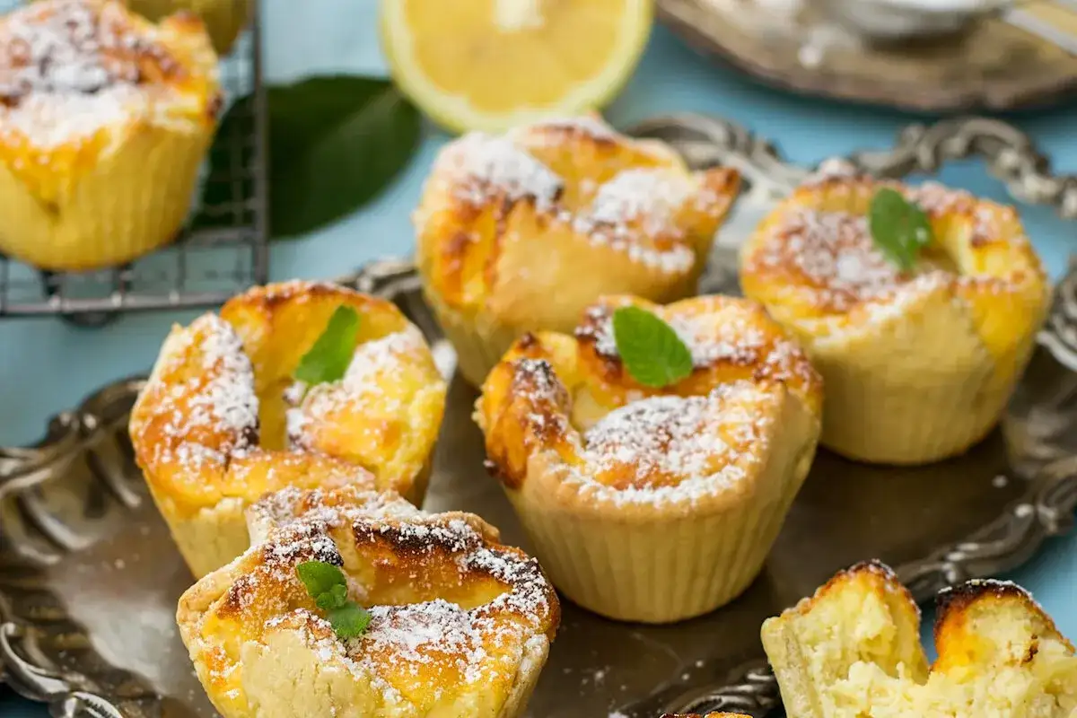 Deliziosi tortini con ripieno cremoso, simili a un budino di riso, spolverati di zucchero a velo e guarniti con menta.