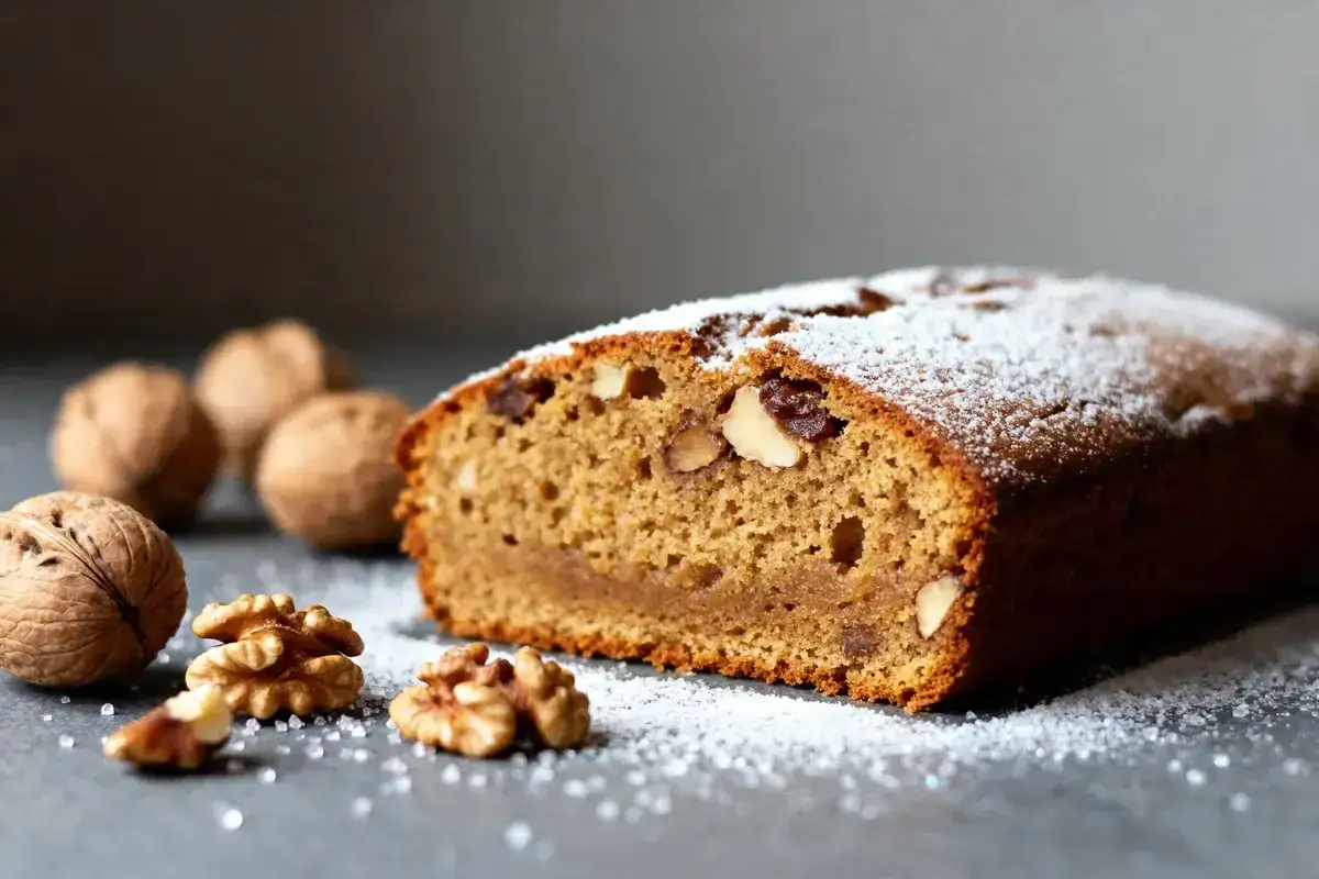 Un gâteau aux noix de grand-mère moelleux, saupoudré de sucre glace, avec des noix entières et décortiquées autour.
