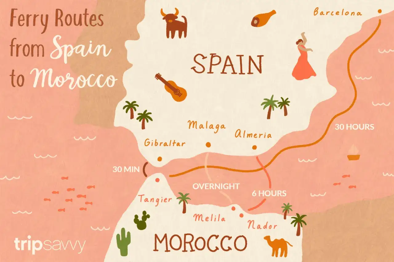 Mapa promów z Hiszpanii do Maroka. Krótkie i długie trasy, od Gibraltaru do Tangeru, Malagi do Nadoru.