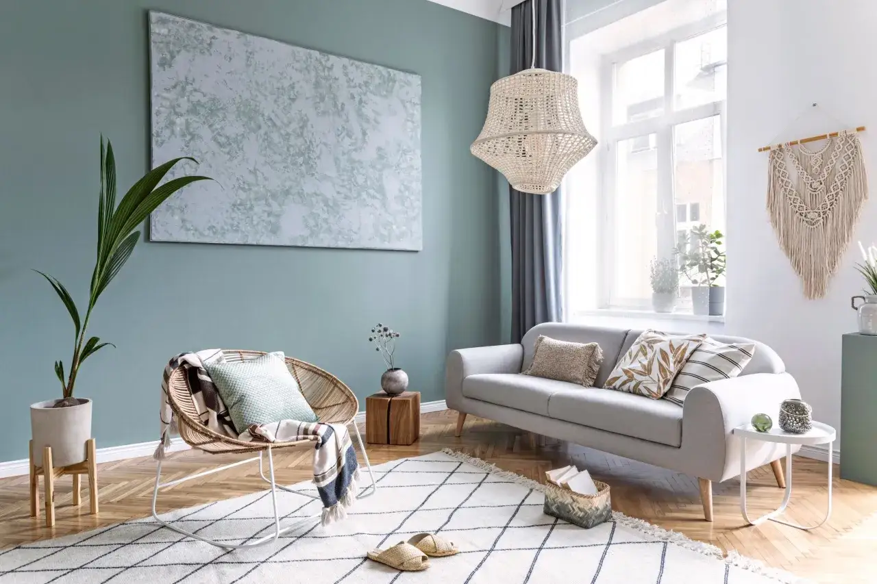 Il colore pareti soggiorno &egrave; un tenue verde salvia, che crea un'atmosfera rilassante. Arredamento moderno con poltrona in rattan e divano grigio.