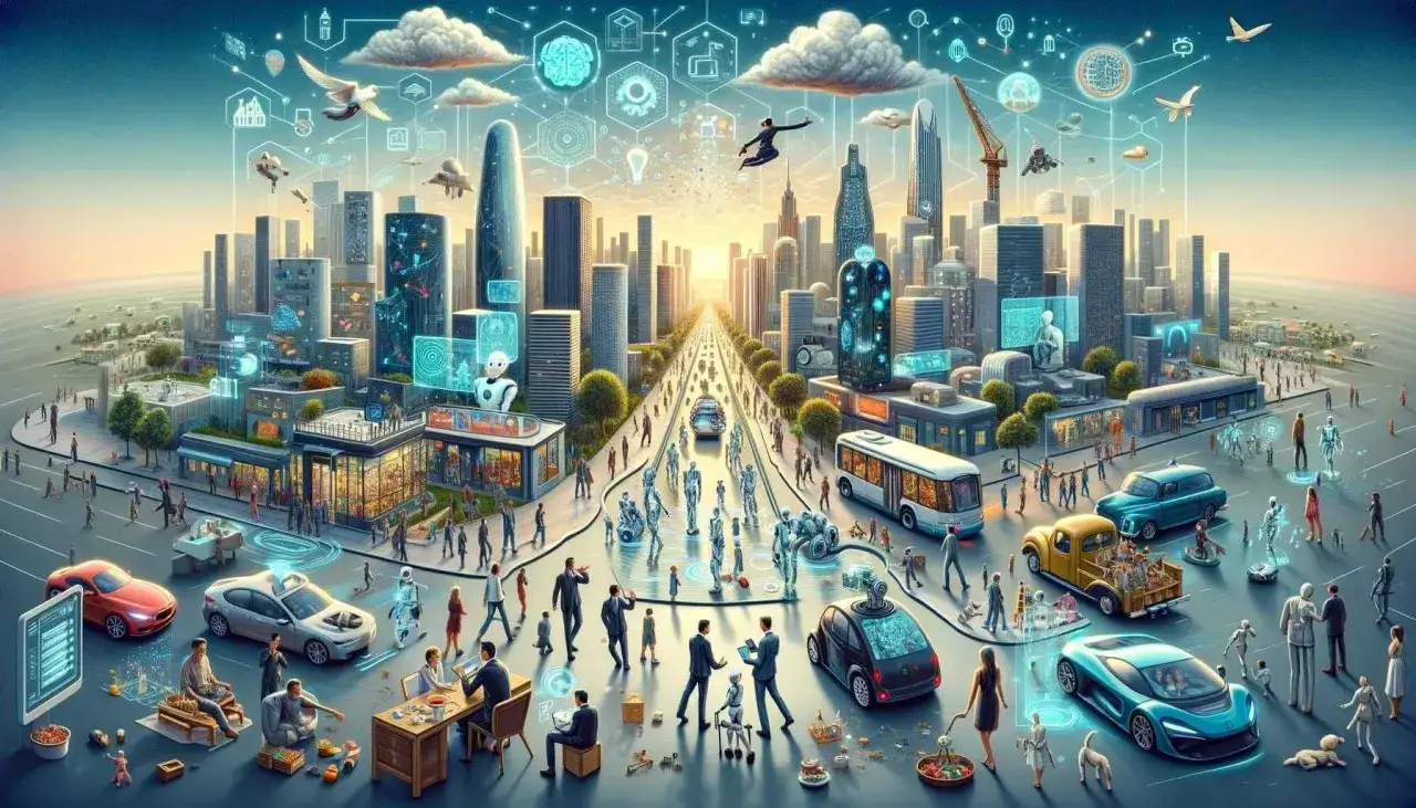 Eine futuristische Stadt mit Robotern, autonomen Fahrzeugen und holografischen Anzeigen. Die Welt in der Zukunft ist vernetzt und voller technologischer Wunder.