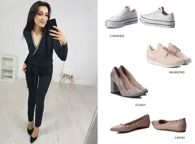 Stylizacje kombinezon buty na obcasie i płaskie