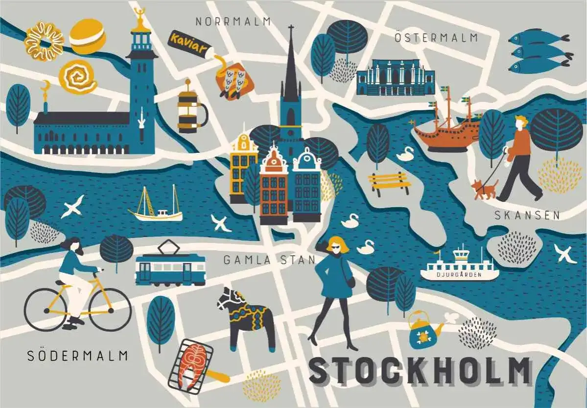 En karta över Stockholm med sevärdheter som Gamla Stan, Djurgården och Skansen. Perfekt för dig med ett stockholm museum pass!