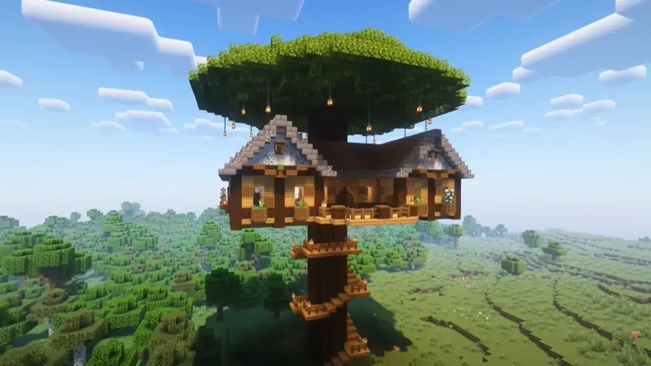 Dom na drzewie w Minecraft, pokazujący, co można zbudować w mc. Wspaniała konstrukcja z drewnianymi schodami i tarasami.