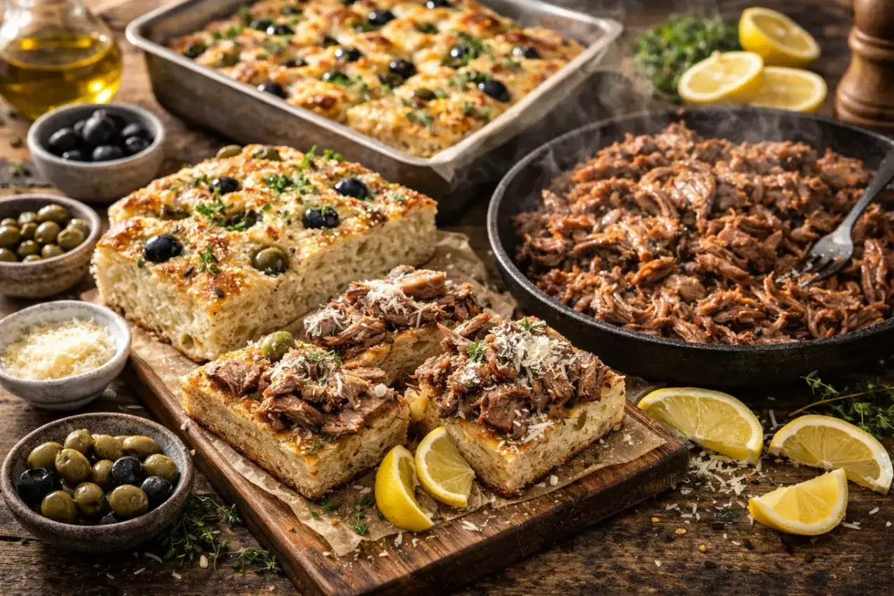 Pyszna focaccia z szarpaną wołowiną, oliwkami i parmezanem. Idealna do jedzenia z cytryną i ziołami.