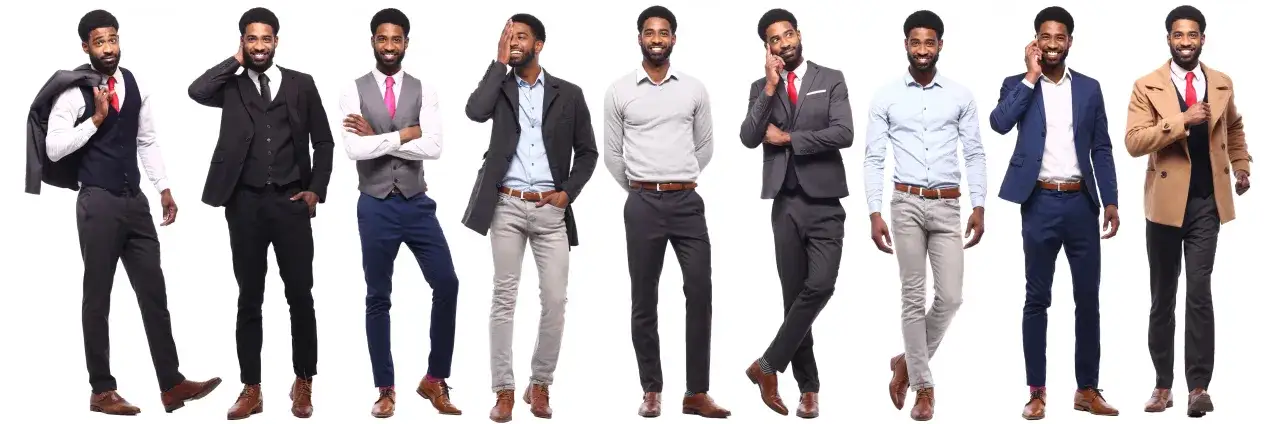 Uomini in abiti diversi, dal completo formale a look più casual, mostrando la differenza tra formale e informale.