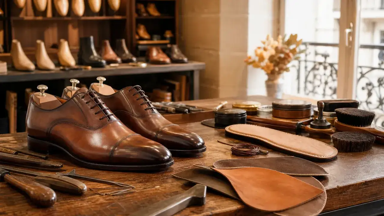 Des chaussures en cuir marron sur un établi de cordonnier, entourées d'outils et de produits pour les ressemeler.