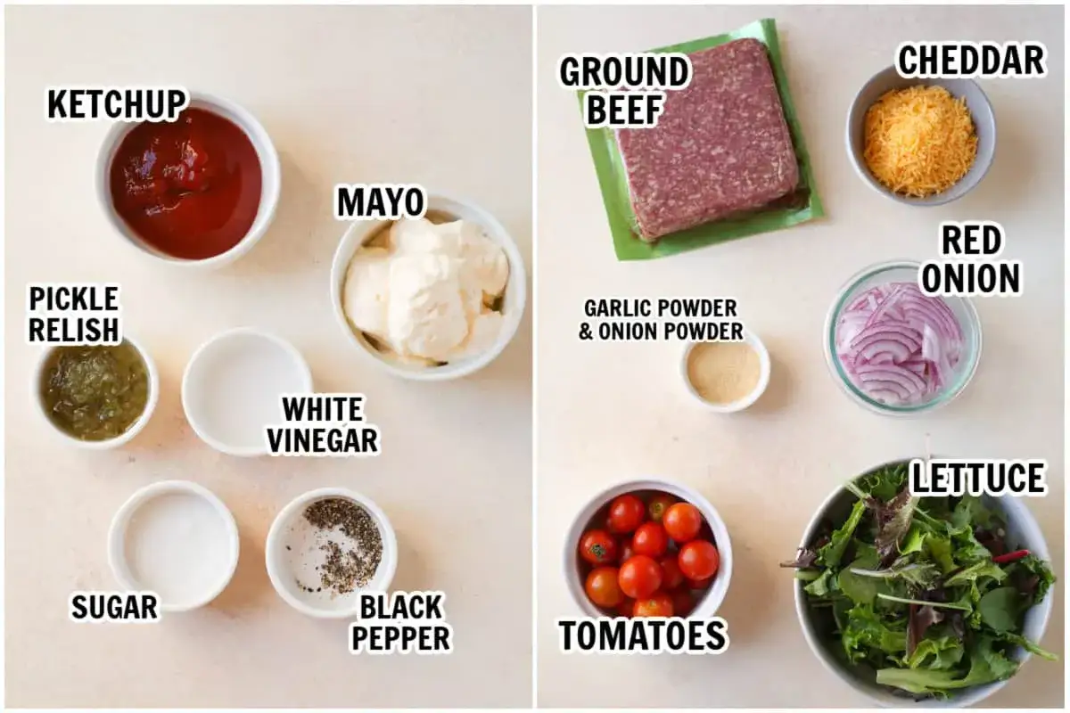 Zutaten f&uuml;r eine schnelle Burger Sauce: Ketchup, Mayo, Gurkenrelish, Essig, Zucker, Pfeffer, Hackfleisch, Cheddar, rote Zwiebeln, Tomaten, Salat.
