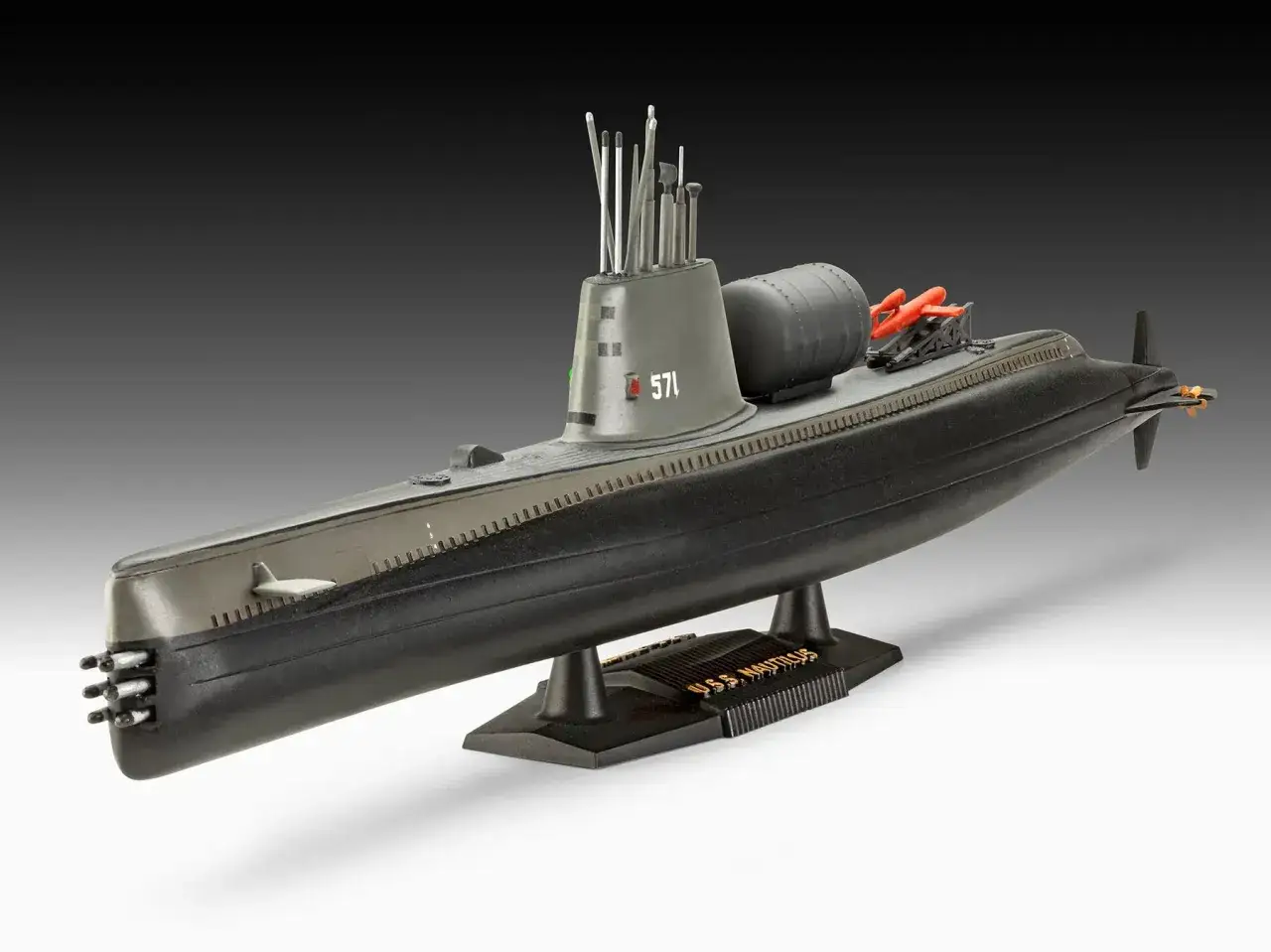 Modell des U-Boots Nautilus, Nummer 571, mit Torpedorohren und Antennen.