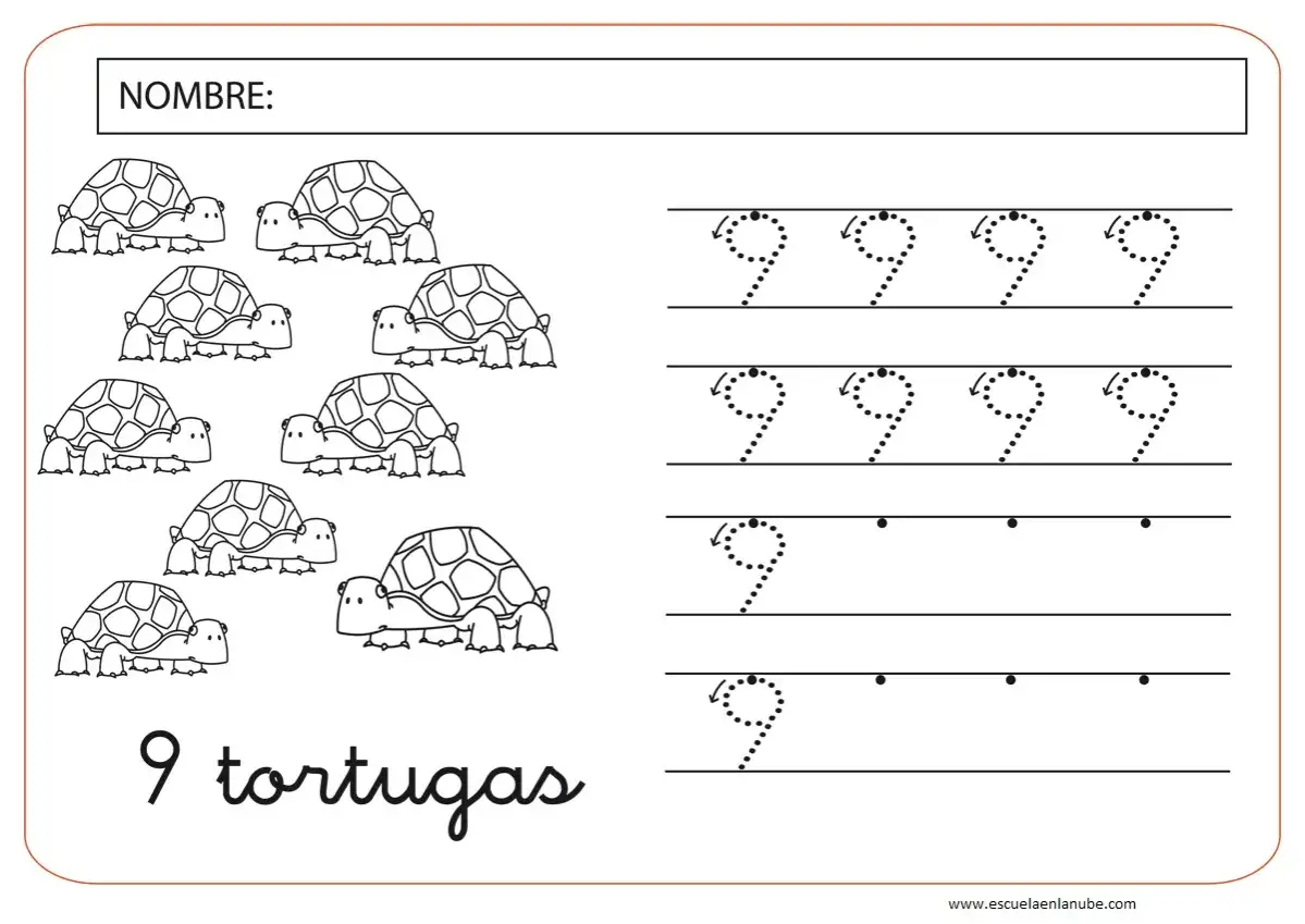 Ficha número 9: 9 tortugas para colorear y practicar la escritura del número 9.