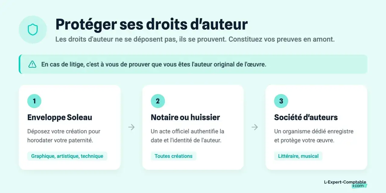 Prot&eacute;ger ses droits d'auteur : 3 m&eacute;thodes pour prouver votre paternit&eacute; : Enveloppe Soleau, notaire/huissier, soci&eacute;t&eacute; d'auteurs. D&eacute;poser copyright.