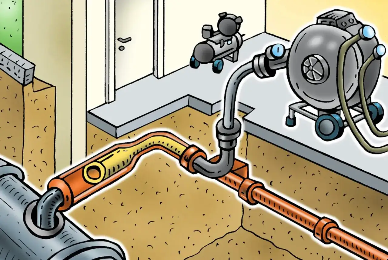 Illustration zeigt eine Abwasserleitung, die von einer Maschine gereinigt wird. Dies illustriert die Einhaltung von Vorschriften für Abwasserleitungen.
