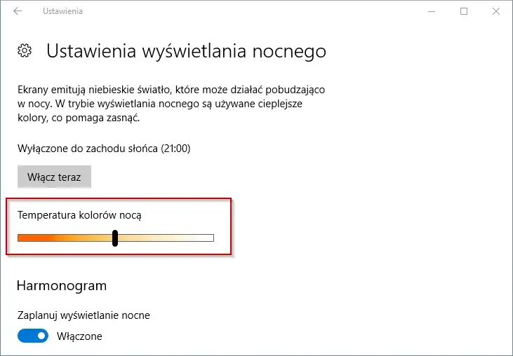 Wyświetlanie nocne nieaktywne Windows 10 szare przyciski