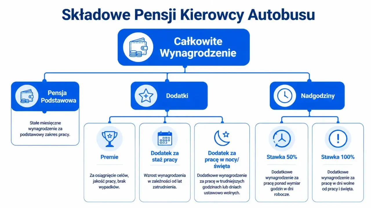 Schemat składników pensji kierowcy autobusu: pensja podstawowa, dodatki (premie, staż pracy, praca w nocy/święta) i nadgodziny. Kierowca autobusu zarobki zależą od wielu czynników.