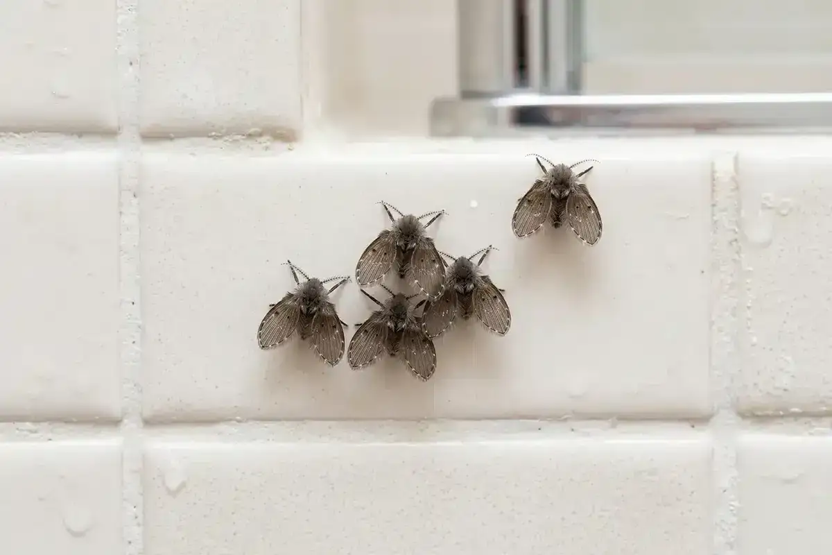 Un grupo de pequeños insectos peludos, parecidos a mosquitos, se posan sobre azulejos blancos del baño.