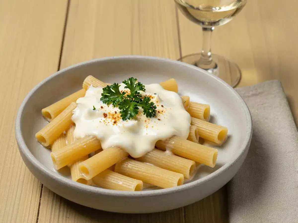 Ein cremiger Nudel Schinken Auflauf, garniert mit Petersilie und Paprikapulver, serviert in einer Schüssel neben einem Glas Weißwein.