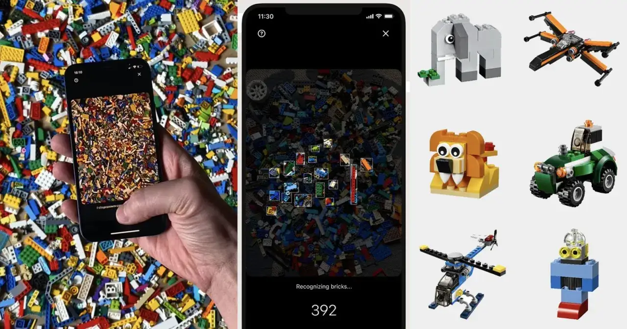 Aplikacja pomaga znaleźć instrukcje, co można zbudować z klocków LEGO, rozpoznając posiadane elementy. Na ekranie telefonu widać rozpoznawane klocki, a obok przykładowe modele: słoń, lew, helikopter, robot, myśliwiec i pojazd terenowy.