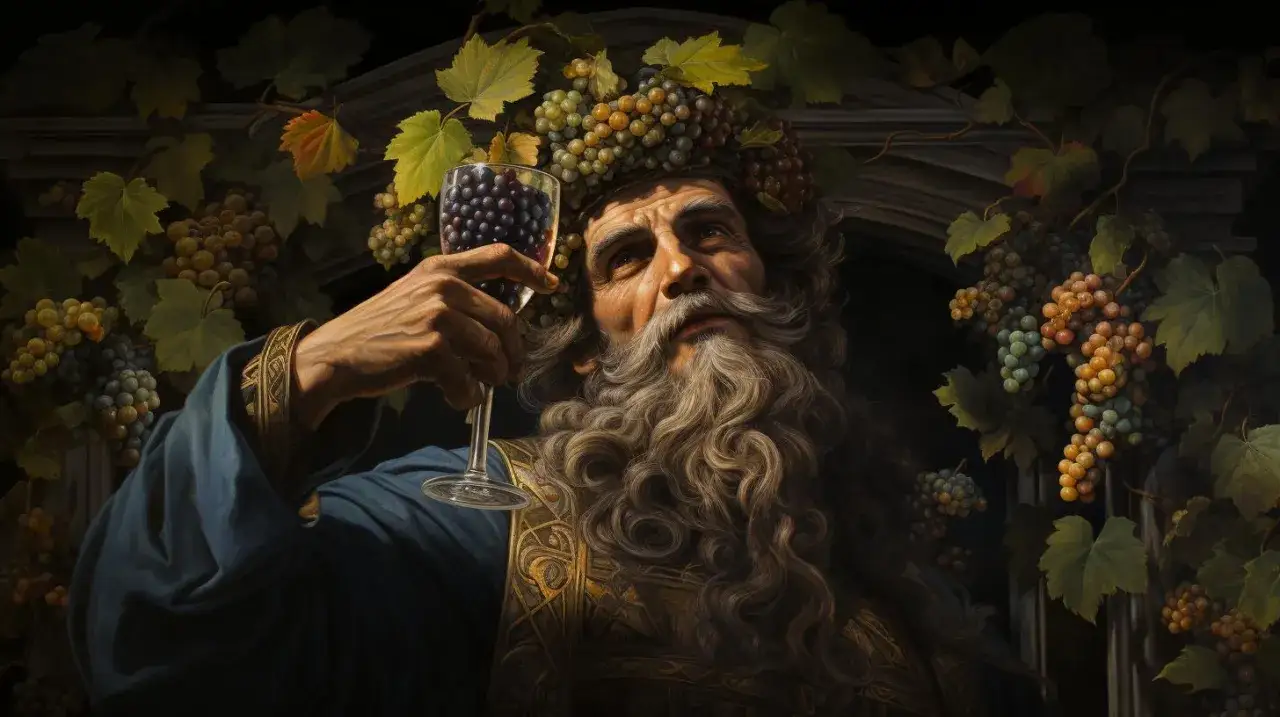 Bacchus god, met een krans van druiven en een glas wijn, omringd door weelderige wijnranken.