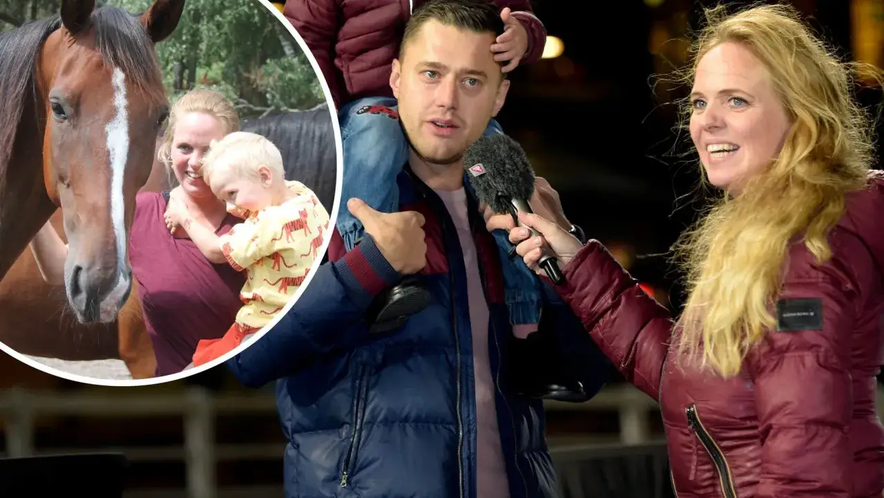 Per Skoglunds familj njuter av hästar. En kvinna med barn och en häst i en cirkel, och en man med barn på axlarna intervjuas.